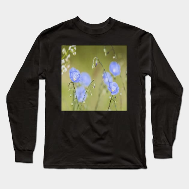 Blue Calming Flowers on Soft Focus Green Background Floral Print Happy Inspirational Design Cute Vacation Beach Wear & Gifts Long Sleeve T-Shirt by tamdevo1